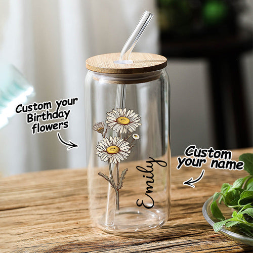 Personalized Name Can Glass with Colorful Birth Flower Custom Can Glass with Straw Gift for Mother Friends Family Bridesmaid - SantaSocks