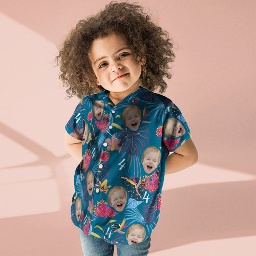 Custom Kid's Face Hawaiian Shirt Number and Face Hawaiian Shirt Dark Blue Sleeves and Pink Flowers Gift - SantaSocks