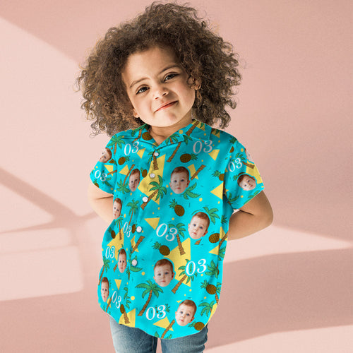 Custom Multi-color Face And Numbers Kid's Hawaiian Shirt Coconut Tree And Pineapple Birthday Gift - SantaSocks
