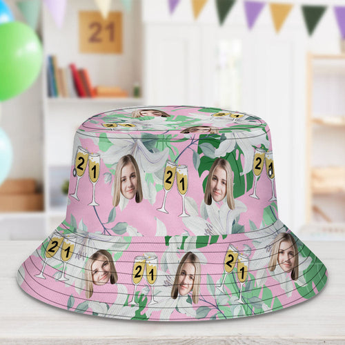 Custom Face Bucket Hat Number in Wine Glass Pink And Green Sleeves Face Bucket Hat Gift for Him - SantaSocks