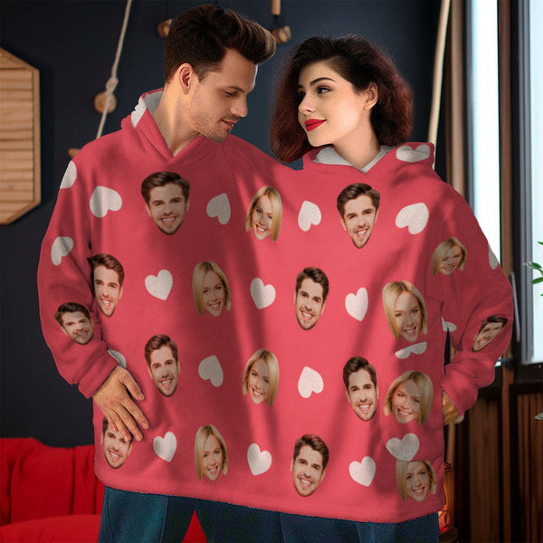 Custom Couple's Face Love Heart Jumpsuit Pajamas One-Piece Loungewear Blanket Funny Valentine's Day Gift