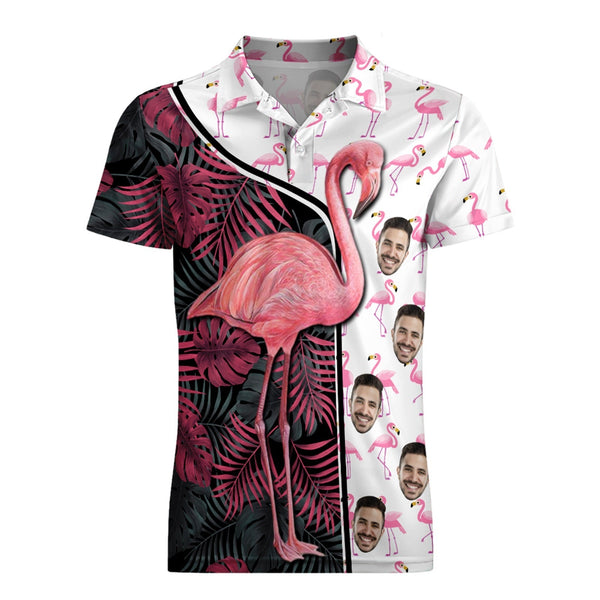 Custom Face Polo Shirt For Men Funny Flamingo Hawaiian Golf Shirts - SantaSocks