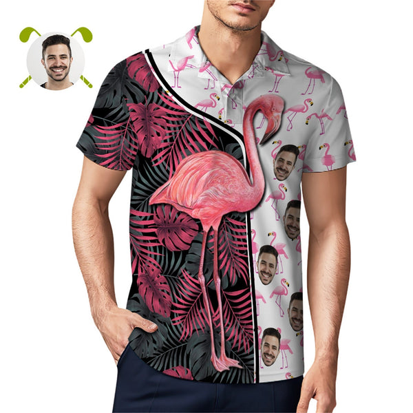 Custom Face Polo Shirt For Men Funny Flamingo Hawaiian Golf Shirts - SantaSocks