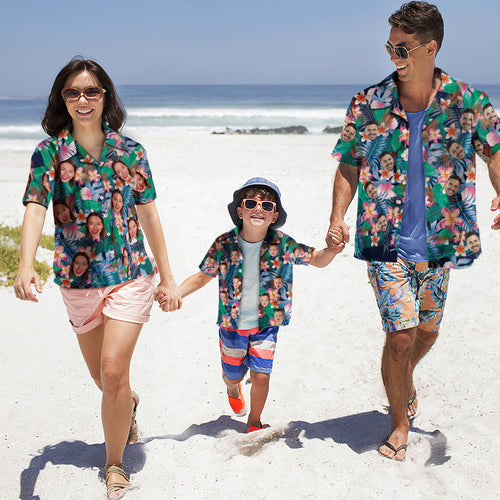 Custom Photo Hawaiian Shirt Parent-child Wears Personalised Face Hawaiian Shirt Gift Colorful Flowers