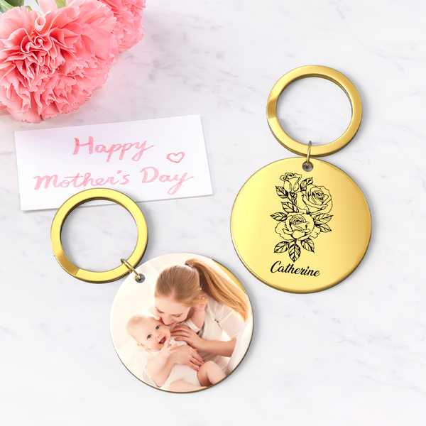 Custom Photo Keychain Personalized Month Flower Mothers Day Gifts for Mum - SantaSocks