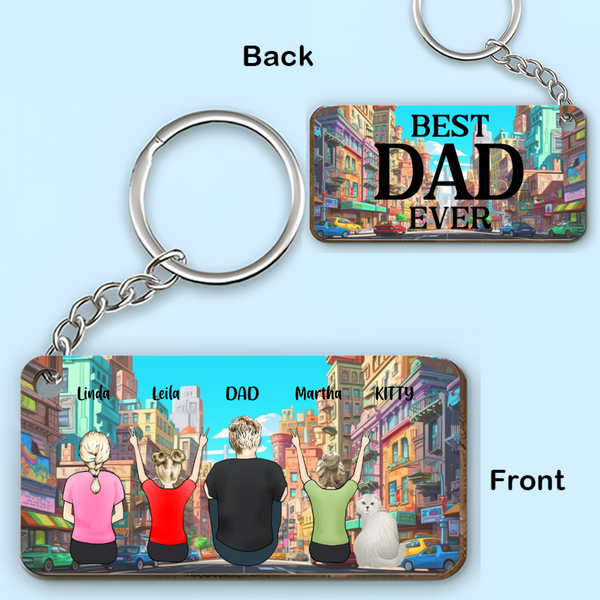 Personalized Urban Scene Wooden Keychain Best Dad Ever Back View