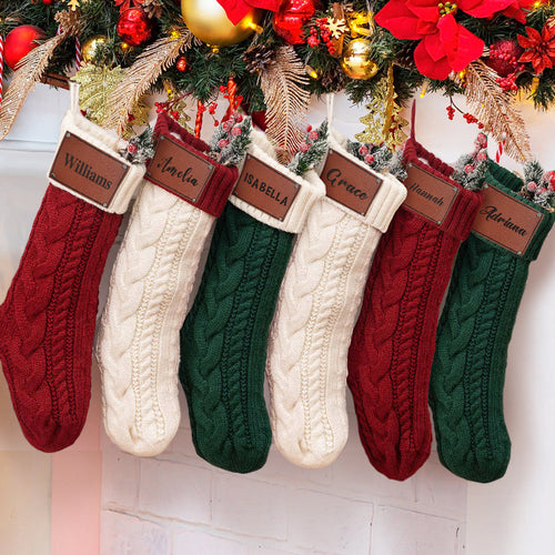 Personalized Christmas Stocking with Name Leather Patches Knitted Xmas Stockings Decoration