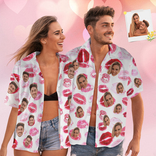 Custom Face Hawaiian Style Red lips Personalized Shirt Couple Outfit