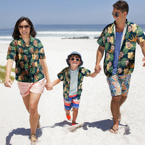 Custom Photo Hawaiian Shirt Parent-child Wears Personalised Face Hawaiian Shirt Gift for Family - Yellow Flowers