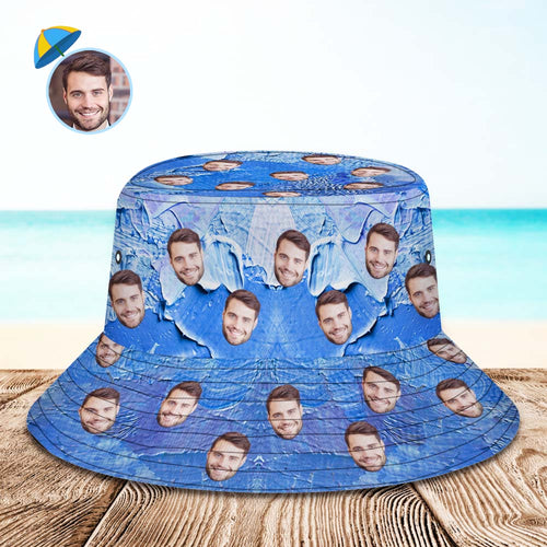 Custom Face Bucket Hat Unisex Personalized Wide Brim Outdoor Summer Hats Gadient Blue Oil Painting Style