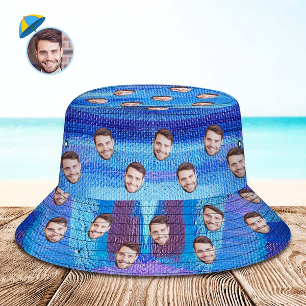 Custom Face Bucket Hat Unisex Personalized Photo Wide Brim Outdoor Summer Hats Blue Oil Painting Style