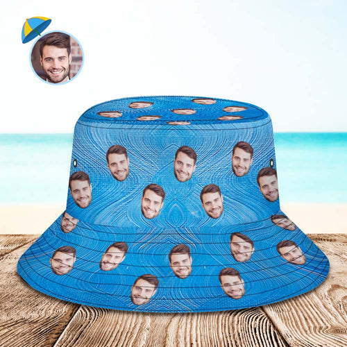 Custom Face Bucket Hat Unisex Personalized Wide Brim Outdoor Summer Hats Hiking Beach Sports Hats Blue Oil Painting Style