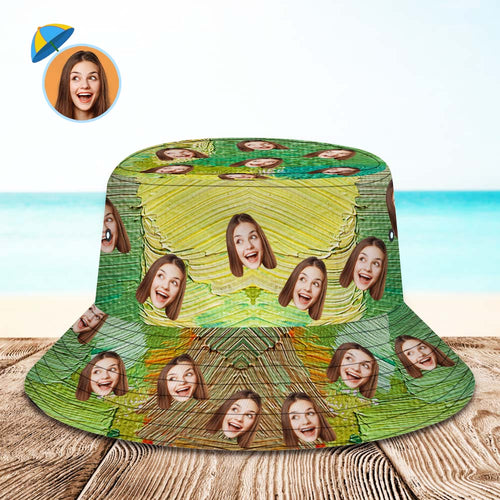 Custom Face Bucket Hat Unisex Personalized Wide Brim Outdoor Summer Hats Green Oil Painting Style