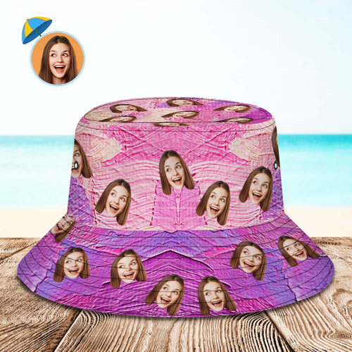 Custom Face Bucket Hat Unisex Personalized Wide Brim Outdoor Summer Hats Purple and Pink Oil Painting Style