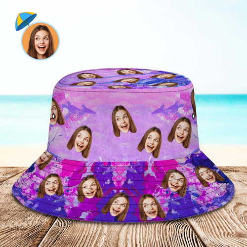 Custom Face Bucket Hat Personalized Photo Wide Brim Outdoor Unisex Summer Hats Purple Oil Painting Style