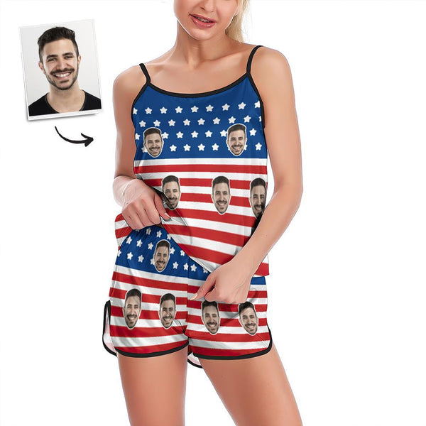 Custom Face Pajamas Suspender Sleepcoat Shorts Lingerie Set Summer Sleepwear - USA Flag