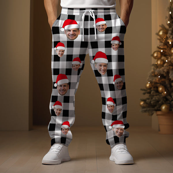 Custom Face Sweatpants Personalized Photo Christmas Family Buffalo Plaid Golf Pants for Him
