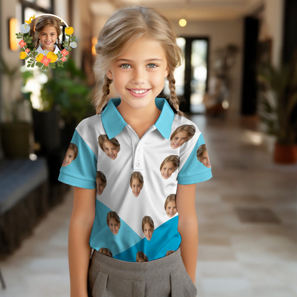 Custom Face Kids Polo Shirts Personalized Photo Shirt Blue and White Splicing