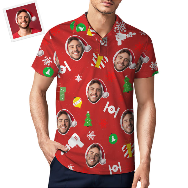 Custom Photo Red Short Sleeve Polo Shirt Personalized Christmas Men's Golf Shirt Mens Tops