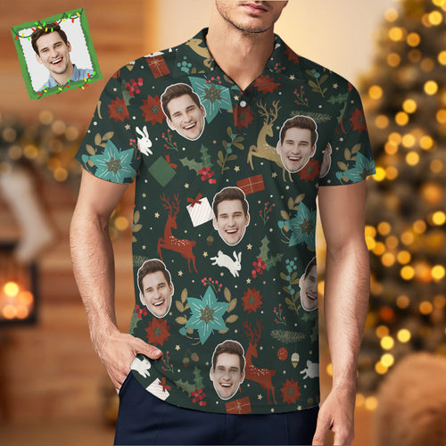 Custom Photo Short Sleeve Polo Shirt Personalized Christmas Golden Deer Pattern Golf Shirt Mens Tops