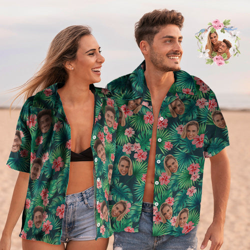 Custom Face Couple Matching Hawaiian Shirts Red Flowers Valentine's Day Gift