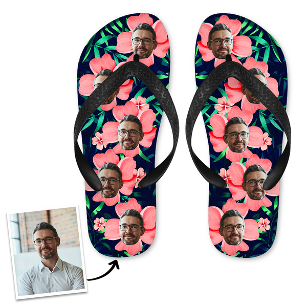 Custom Face Flip Flops Personalized Photo Flip Flops Summer Beach Slide Sandals - Red Flowers