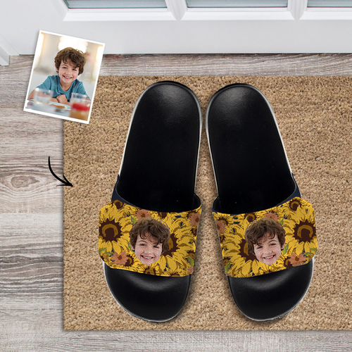 Custom Face Slide Sandals Personalized Velcro Slide Sandals Photo Slide Sandals Gifts Go To The Beach Holiday Gifts - Sunflower