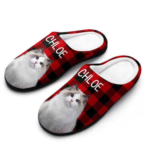 Custom Photo Women's and Men's Slippers Personalized Casual House Cotton Slippers Christmas Gift Red