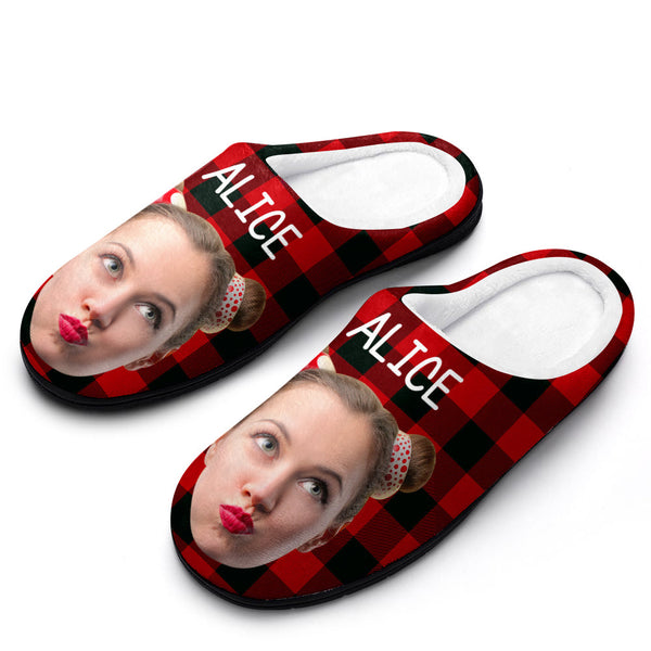 Custom Photo Women's and Men's Slippers Personalized Casual House Cotton Slippers Christmas Gift Red