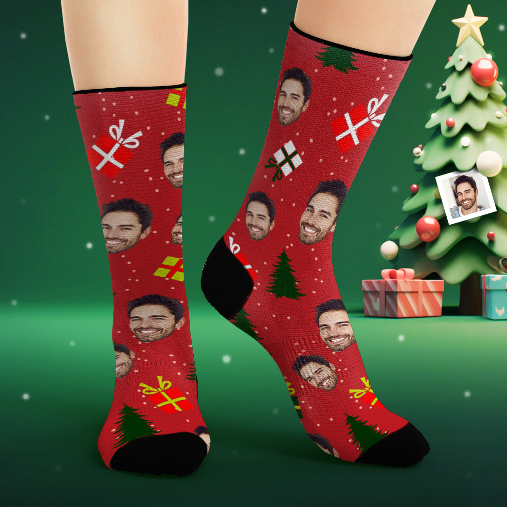Custom Face Socks Personalized Photo Red Socks Christmas Tree and Gifts
