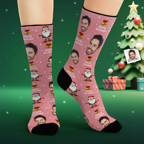 Custom Face Socks Personalized Photo Pink Socks Merry Christmas