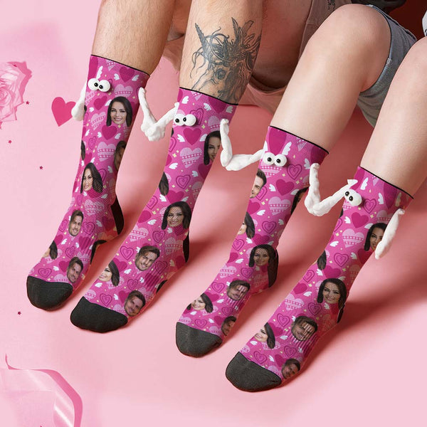 Custom Face Socks Funny Doll Mid Tube Socks Magnetic Holding Hands Socks Pink Heart Valentine's Day Gifts