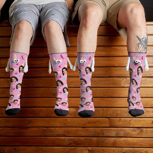 Custom Face Socks Funny Doll Mid Tube Pink Socks Magnetic Holding Hands Socks Valentine's Day Gifts