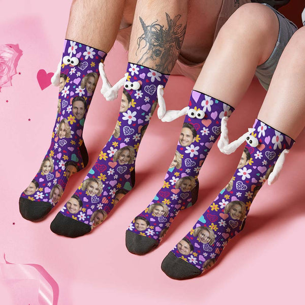 Custom Face Socks Funny Doll Mid Tube Purple Socks Magnetic Holding Hands Socks Little Daisy Valentine's Day Gifts