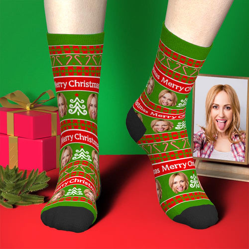 Custom Face Socks Personalized Green Photo Socks Santa Socks Christmas Gift for Famliy