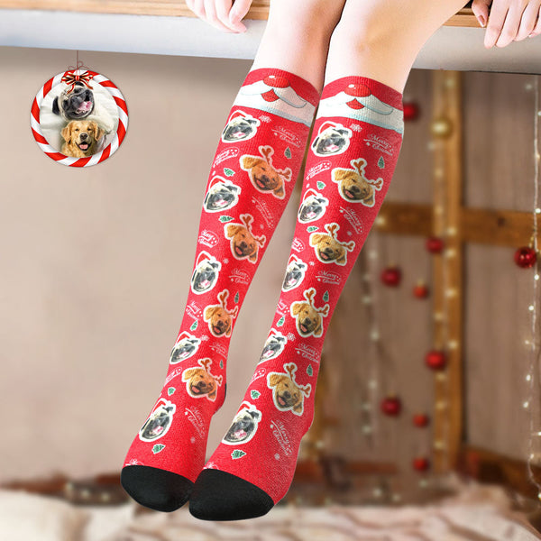 Custom Knee High Socks Personalized Face Socks Merry Christmas Dog Face for Pet Lover