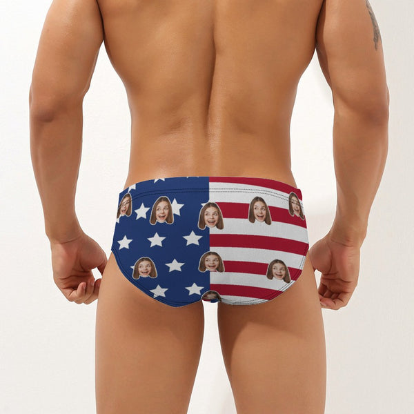 Custom Face Men's Swimming Trunks Personalized America Flag Triangle Swim Briefs