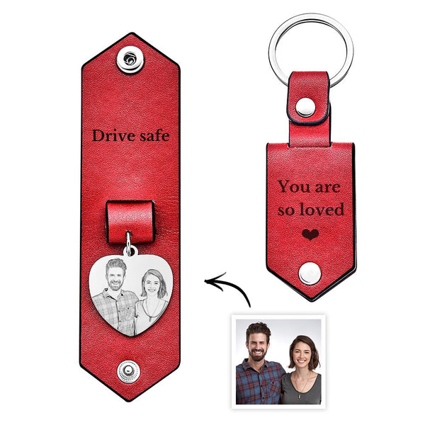 Custom Heart Shaped Photo Leather Keychain With Text Annivesary Gifts For Men - SantaSocks