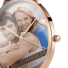Custom Engraved Rose Gold Photo Watch Black Leather Strap For Men's Gift - 40mm