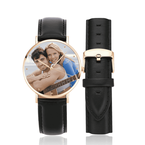 Custom Engraved Rose Gold Photo Watch Black Leather Strap For Men's Gift - 40mm