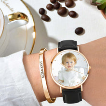Custom Engraved Rose Gold Photo Watch Black Leather Strap For Women's Gift - 36mm