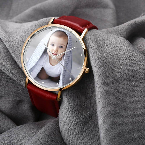 Custom Engraved Rose Gold Photo Watch Red Leather Strap For Women's Gift - 36mm