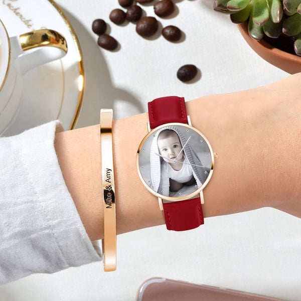 Custom Engraved Rose Gold Photo Watch Red Leather Strap For Women's Gift - 36mm