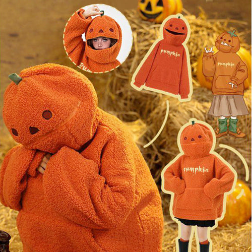 Cute Spooky Halloween Pumpkin Hoodie for Women Fuzzy Fleece Pullover