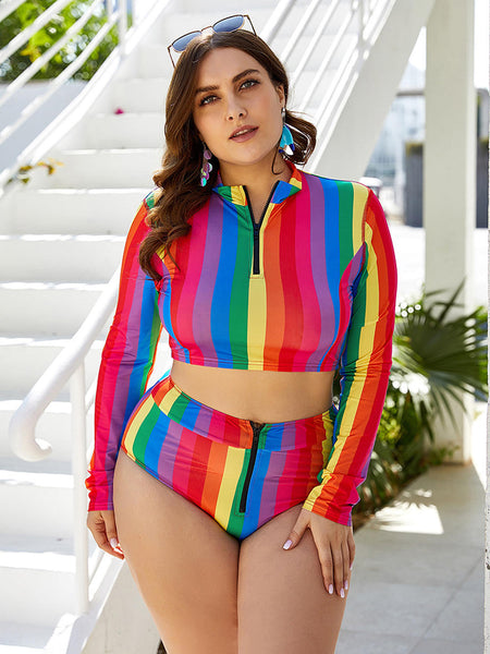 Rainbow Striped Plus Size Split Swimsuit High Waist Sexy Zipper Long Sleeve Two Piece