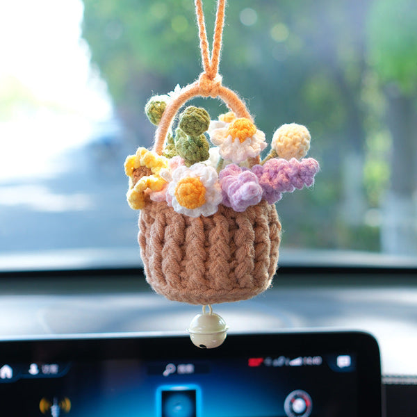 Cute Knitted Flowers Basket Crochet Plant Car Mirror Hanging Accessories Gift for Her - SantaSocks