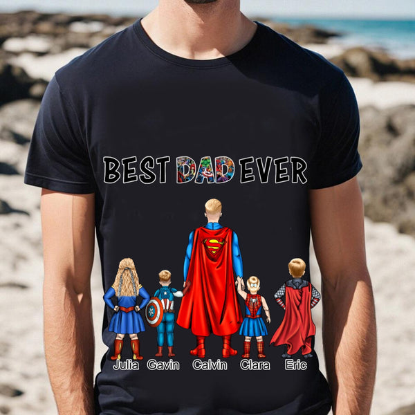 Custom Father and Kids Costume Personalized Hairstyle and Name Best Dad Ever Black T-shirt