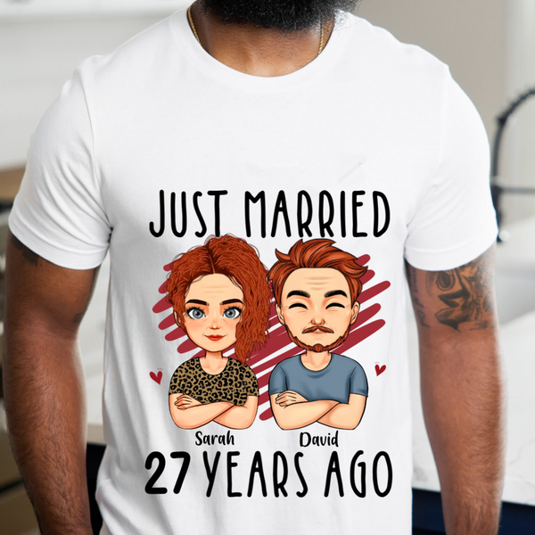 Anniversary Personalized Hairstyle Clothes and Name White T-shirt Just Married