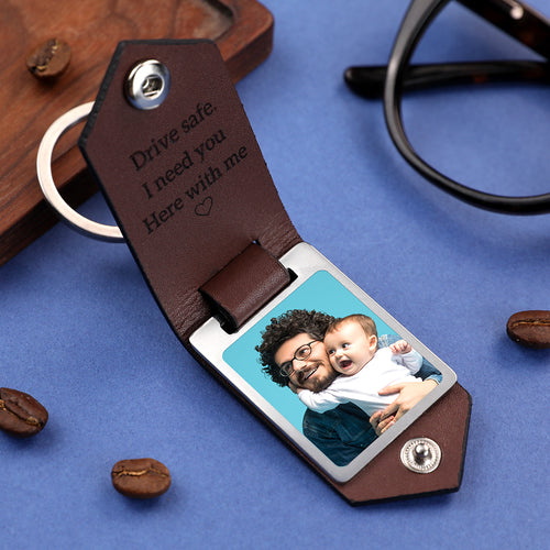Father's Day Gift Custom Leather Photo Text Keychain Gift For Dad