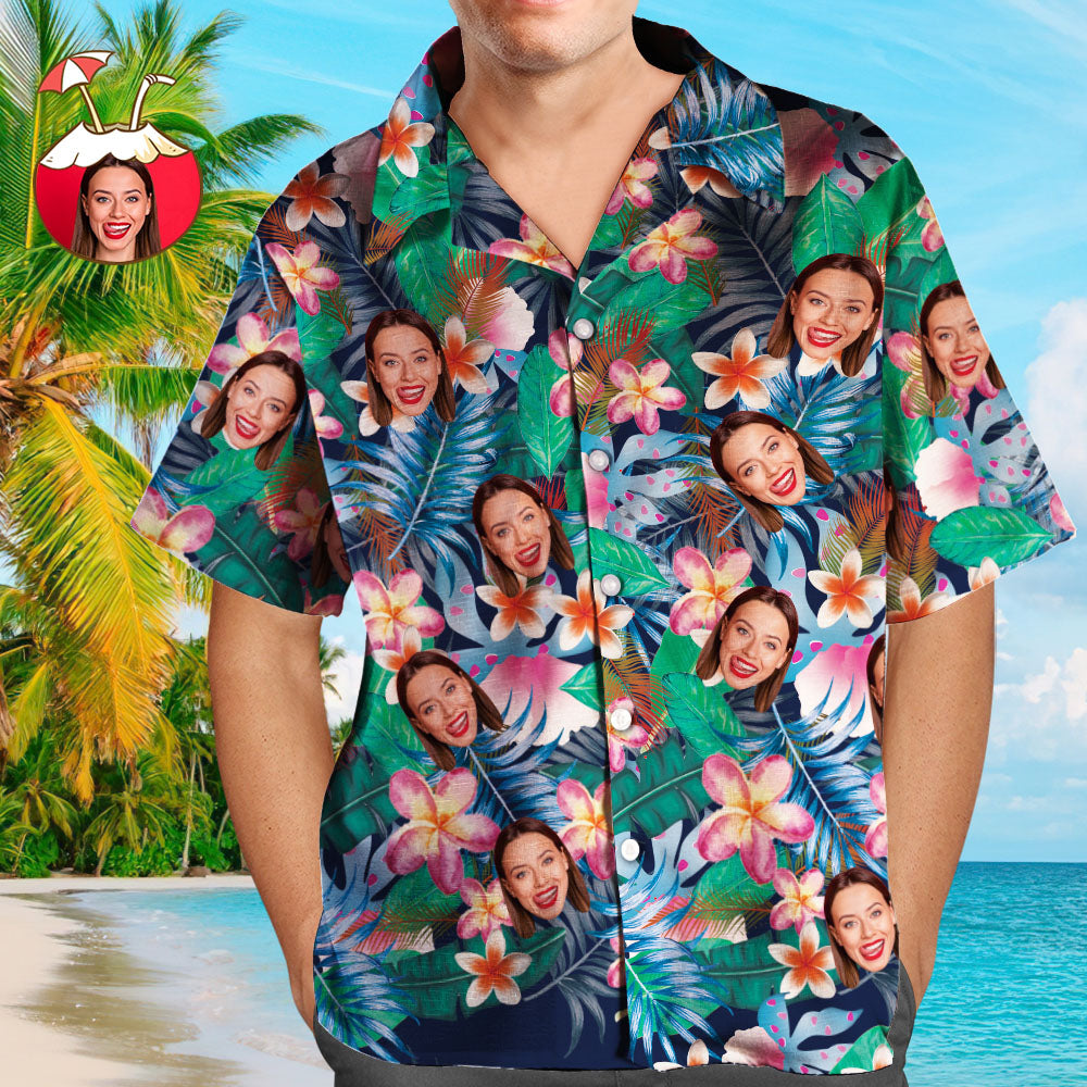 Custom Face Shirt Men's Hawaiian Shirt Personalized Photo Colorful Flowers Tshirts For Him